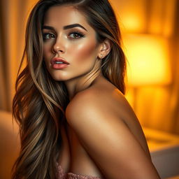 A stunning, attractive woman with a sultry pose, elegantly showcased in a luxurious setting