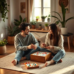 A cozy scene depicting a young couple joyfully playing ludo in a warm, inviting room