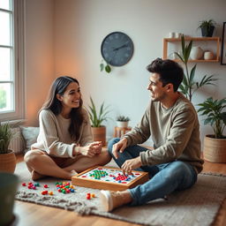 A cozy scene depicting a young couple joyfully playing ludo in a warm, inviting room