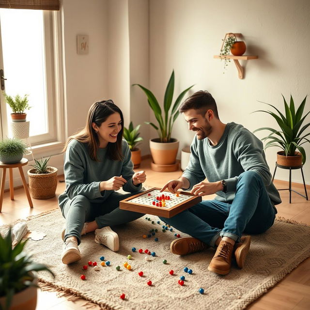 A cozy scene depicting a young couple joyfully playing ludo in a warm, inviting room