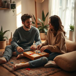 A cozy scene depicting a young couple joyfully playing ludo in a warm, inviting room