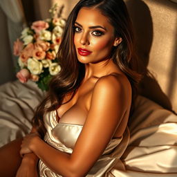 A stunning, confident woman posing seductively with big breasts, her body wrapped in luxurious satin sheets, soft light casting elegant shadows