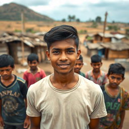 A young man standing confidently in a small village, his expression filled with determination and hope