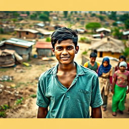 A young man standing confidently in a small village, his expression filled with determination and hope