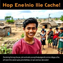 A young man standing confidently in a small village, his expression filled with determination and hope