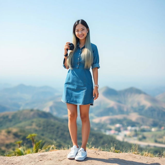 A beautiful Asian woman, wearing a denim dress, casual sneakers, with long straight hair that is a blend of white, green, and black colors