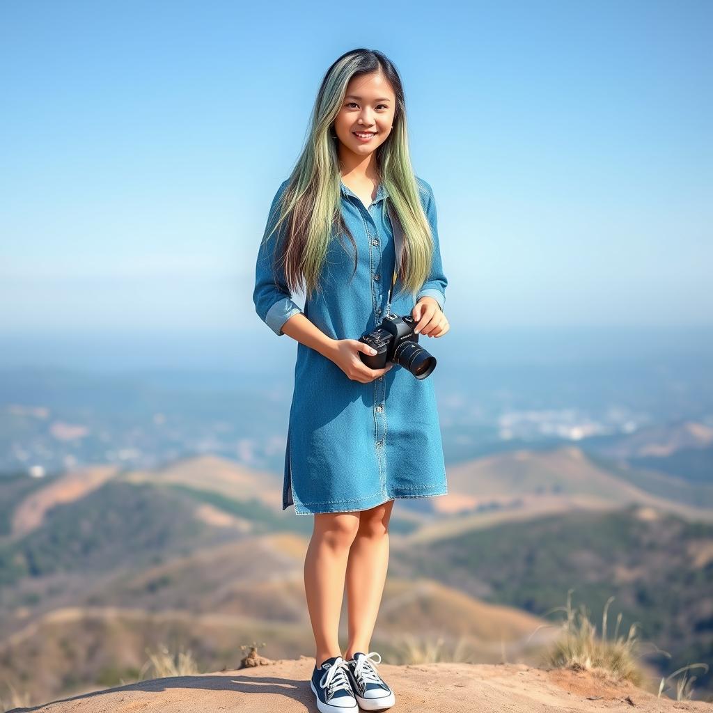 A beautiful Asian woman, wearing a denim dress, casual sneakers, with long straight hair that is a blend of white, green, and black colors