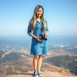 A beautiful Asian woman, wearing a denim dress, casual sneakers, with long straight hair that is a blend of white, green, and black colors