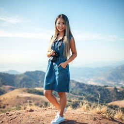 A beautiful Asian woman, wearing a denim dress, casual sneakers, with long straight hair that is a blend of white, green, and black colors