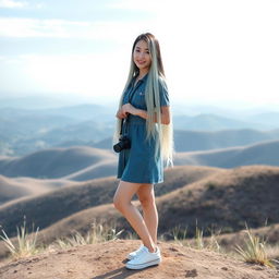 A beautiful Asian woman, wearing a denim dress, casual sneakers, with long straight hair that is a blend of white, green, and black colors