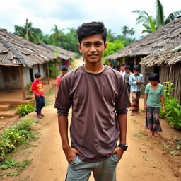 A young Indonesian man standing proudly in a small rural village, with a determined look on his face, symbolizing his vision for change