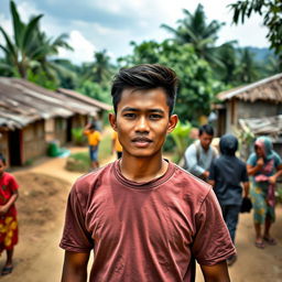 A young Indonesian man standing proudly in a small rural village, with a determined look on his face, symbolizing his vision for change