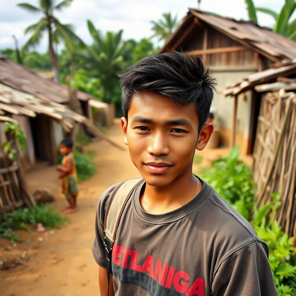 A young Indonesian man standing proudly in a small rural village, with a determined look on his face, symbolizing his vision for change