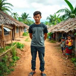 A young Indonesian man standing proudly in a small rural village, with a determined look on his face, symbolizing his vision for change