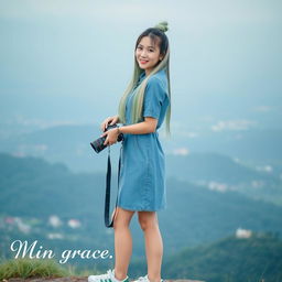 A beautiful Asian woman wearing a denim dress and stylish sneakers