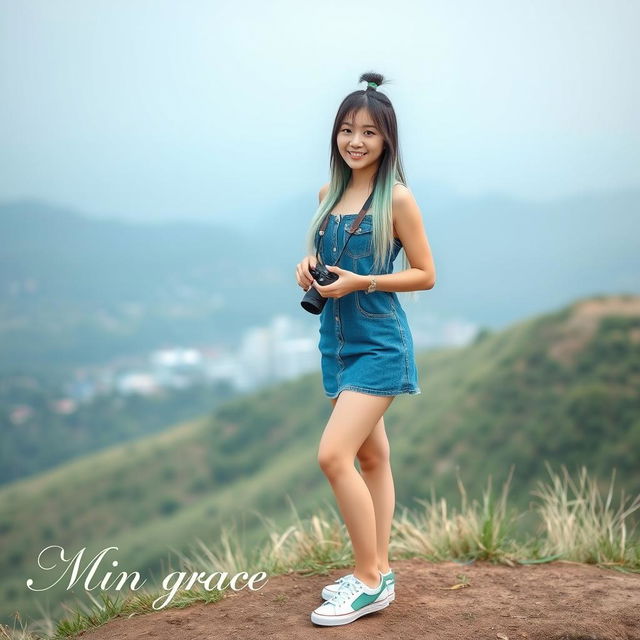 A beautiful Asian woman wearing a denim dress and stylish sneakers