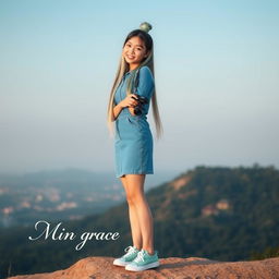 A beautiful Asian woman wearing a denim dress and stylish sneakers
