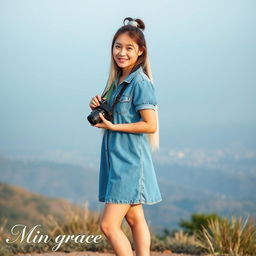 A beautiful Asian woman wearing a denim dress and stylish sneakers