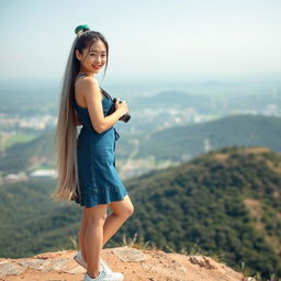 A beautiful Asian woman wearing a denim dress and sneakers, with long straight hair colored white, green, and black, tied up high