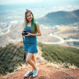 A beautiful Asian woman wearing a denim dress and sneakers, with long straight hair colored white, green, and black, tied up high