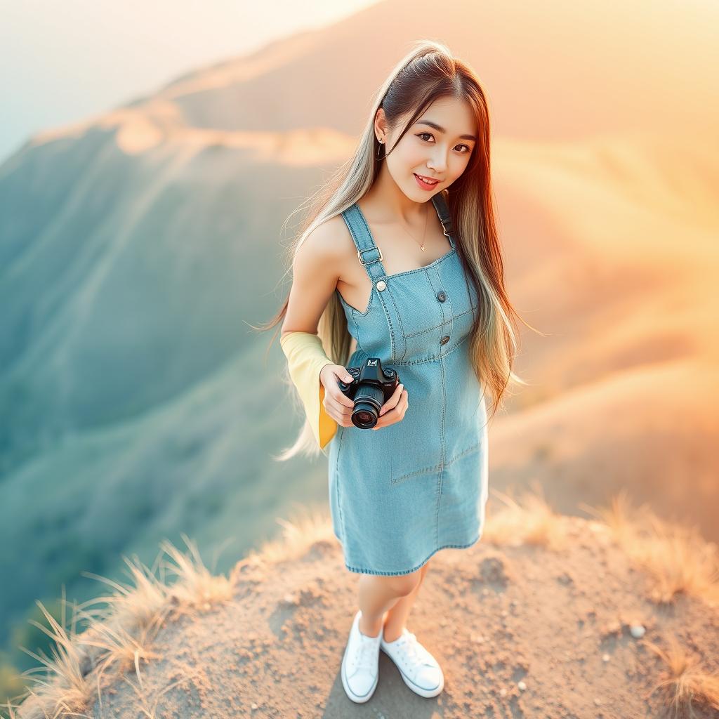 A beautiful Asian woman wearing a denim dress and sneakers, with long straight hair colored white, green, and black, tied up high