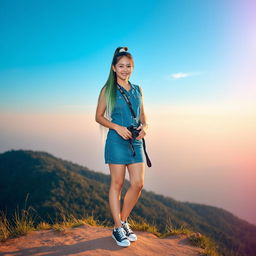 A beautiful Asian woman wearing a denim dress and sneakers, with long straight hair colored white, green, and black, tied up high