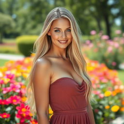 A stunning hot blonde girl with long flowing hair, wearing a stylish summer dress that accentuates her curves, standing in a bright and vibrant park filled with blooming flowers