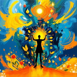 A vibrant and expressive portrayal of an abstract self-portrait, with swirling colors and shapes symbolizing emotions and inner thoughts