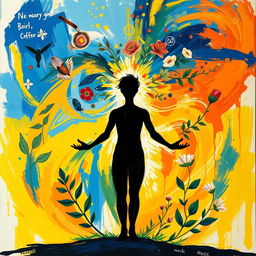 A vibrant and expressive portrayal of an abstract self-portrait, with swirling colors and shapes symbolizing emotions and inner thoughts