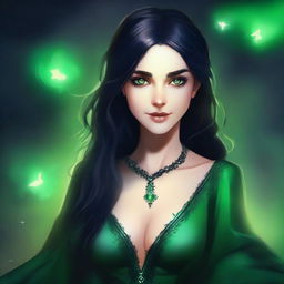 A high-quality digital art image depicts a young woman with striking green eyes and jet black hair