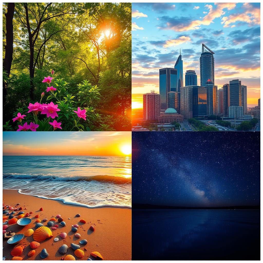 A captivating collage of four distinct scenes seamlessly integrated into one image