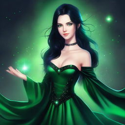 A high-quality digital art image depicts a young woman with striking green eyes and jet black hair