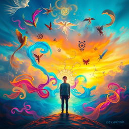A surreal depiction of a person standing in a vibrant, abstract landscape that symbolizes self-discovery and inner exploration