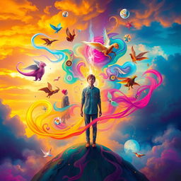 A surreal depiction of a person standing in a vibrant, abstract landscape that symbolizes self-discovery and inner exploration