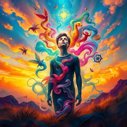 A surreal depiction of a person standing in a vibrant, abstract landscape that symbolizes self-discovery and inner exploration