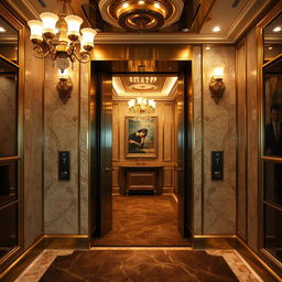 A glamorous scene featuring a luxury elevator interior, designed with opulent gold and marble finishes