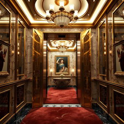 A glamorous scene featuring a luxury elevator interior, designed with opulent gold and marble finishes