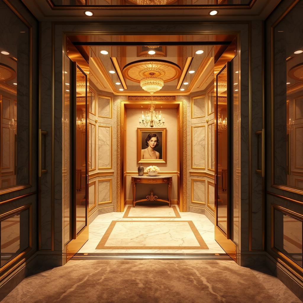 A glamorous scene featuring a luxury elevator interior, designed with opulent gold and marble finishes