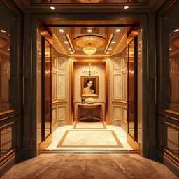 A glamorous scene featuring a luxury elevator interior, designed with opulent gold and marble finishes