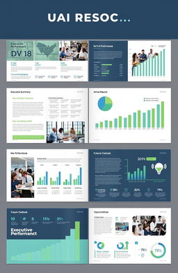 A detailed and visually appealing annual report design, featuring elegant typography, graphs, and charts showcasing financial performance, sustainability initiatives, and overall growth
