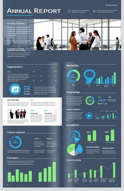 A detailed and visually appealing annual report design, featuring elegant typography, graphs, and charts showcasing financial performance, sustainability initiatives, and overall growth