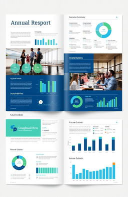 A detailed and visually appealing annual report design, featuring elegant typography, graphs, and charts showcasing financial performance, sustainability initiatives, and overall growth