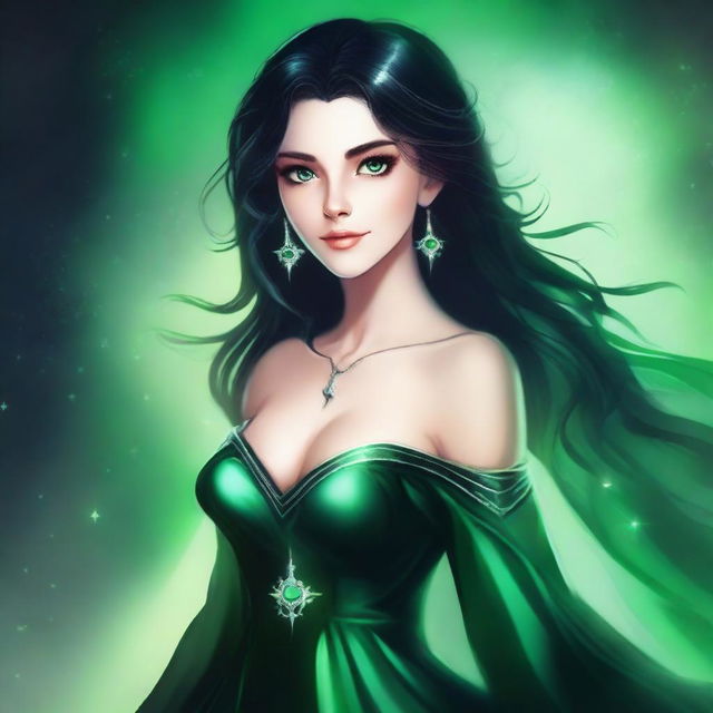 A high-quality digital art image depicts a young woman with striking green eyes and jet black hair