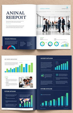A detailed and visually appealing annual report design, featuring elegant typography, graphs, and charts showcasing financial performance, sustainability initiatives, and overall growth
