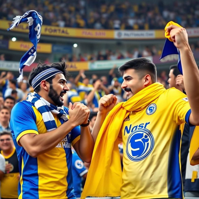 A vibrant football stadium filled with excited fans, showcasing two prominent supporters: the first, a Saudi Hilal fan, dressed in a blue jersey, waving a blue and white scarf, and holding a flag