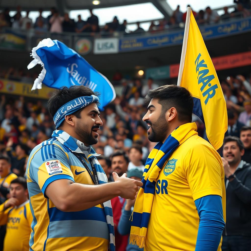 A vibrant football stadium filled with excited fans, showcasing two prominent supporters: the first, a Saudi Hilal fan, dressed in a blue jersey, waving a blue and white scarf, and holding a flag