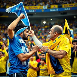 A vibrant football stadium filled with excited fans, showcasing two prominent supporters: the first, a Saudi Hilal fan, dressed in a blue jersey, waving a blue and white scarf, and holding a flag