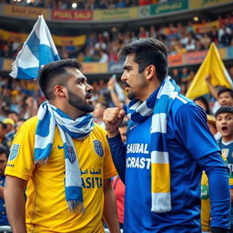 A vibrant football stadium filled with excited fans, showcasing two prominent supporters: the first, a Saudi Hilal fan, dressed in a blue jersey, waving a blue and white scarf, and holding a flag