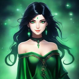 A high-quality digital art image depicts a young woman with striking green eyes and jet black hair