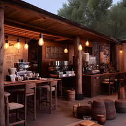 A rustic coffee cafe restaurant in a 10 by 20 yard area, decorated with comfortable seating, warm lighting, and a barista station with an espresso machine, coffee bean grinders, and baked goods on display.